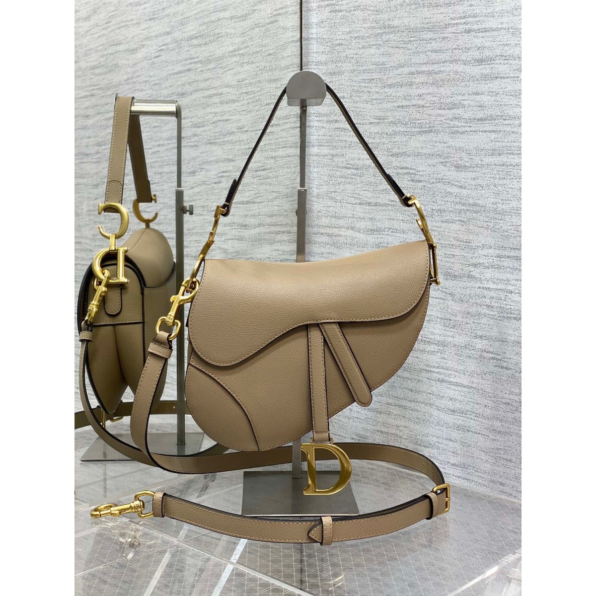 Dior Saddle Bag with Strap in Sand Grained Calfskin High Quality Replica